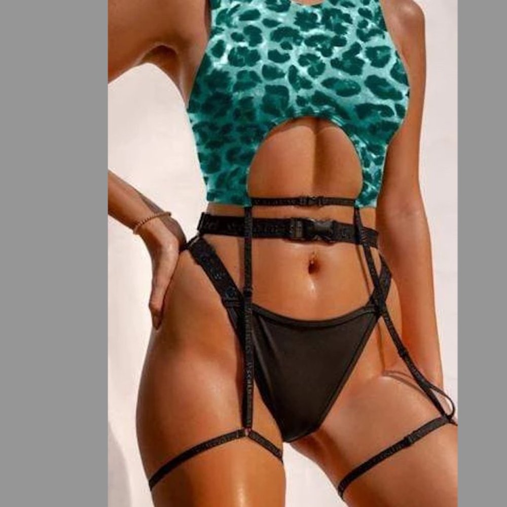 Creatures of XIX - Buckle Up Garter Top Green Leopard Medium
